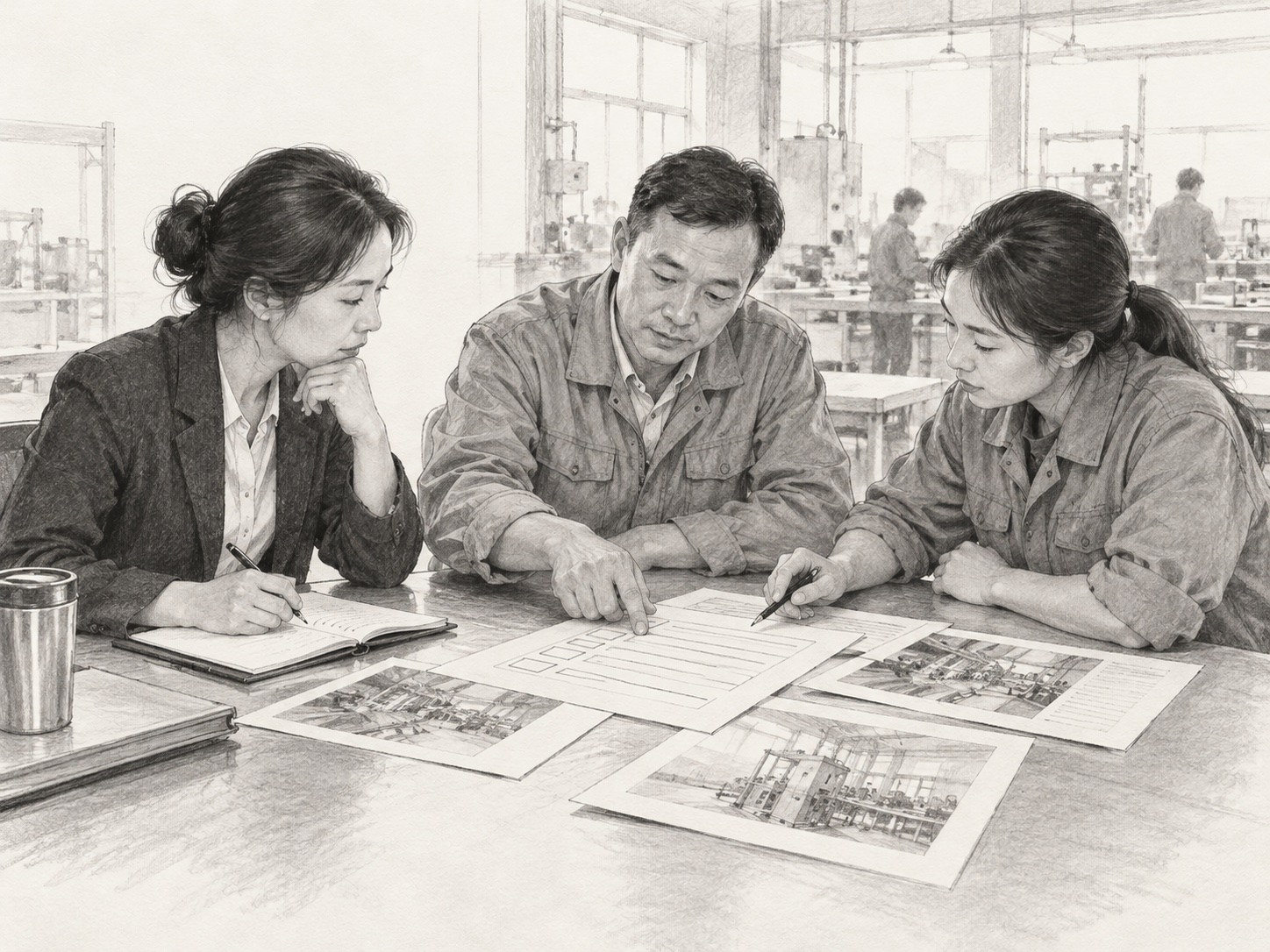 Illustration of a worker representative, factory manager and auditor reviewing evidence and discussing follow-up together.