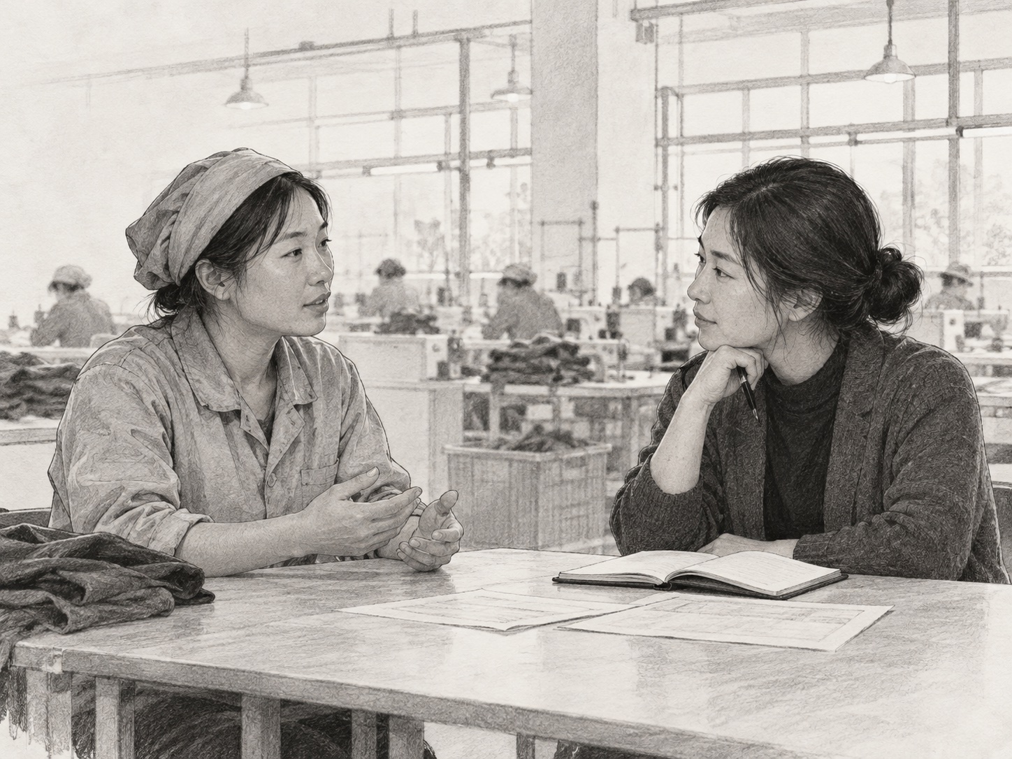 Illustration of an auditor listening to a worker at a factory table, with records and the workshop nearby.