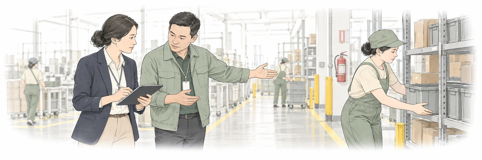 An external consultant and factory manager conduct a safety walkthrough while an employee returns a tote to proper storage.