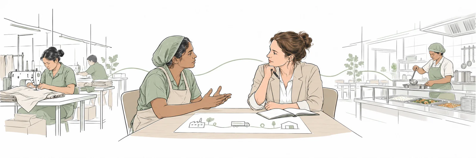 Worker dialogue connects production workers and a canteen worker.