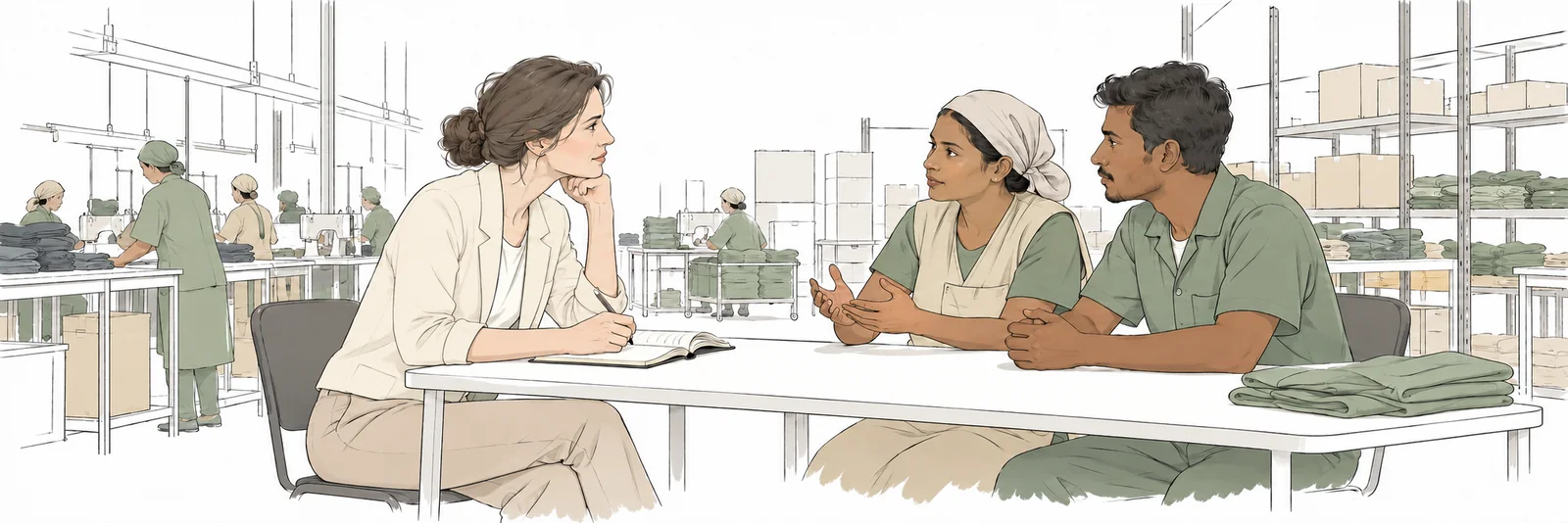 An auditor listens to workers in a manufacturing workplace.